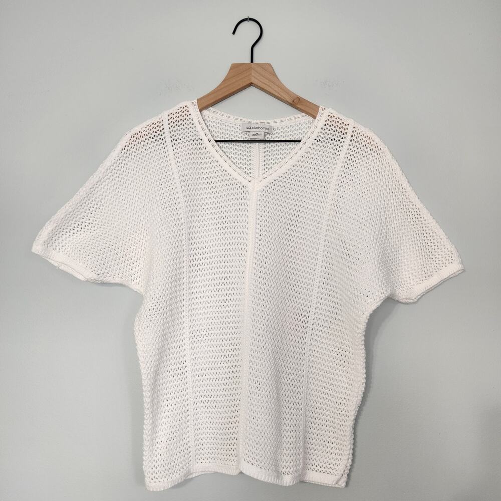 Liz Claiborne 100% Cotton Crochet Open Knit Short Sleeve Sweater White Nautical